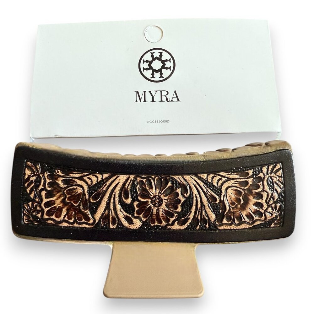 Myra Hair Large Comb Clip In Hand Tooled Leather accented in Black- New